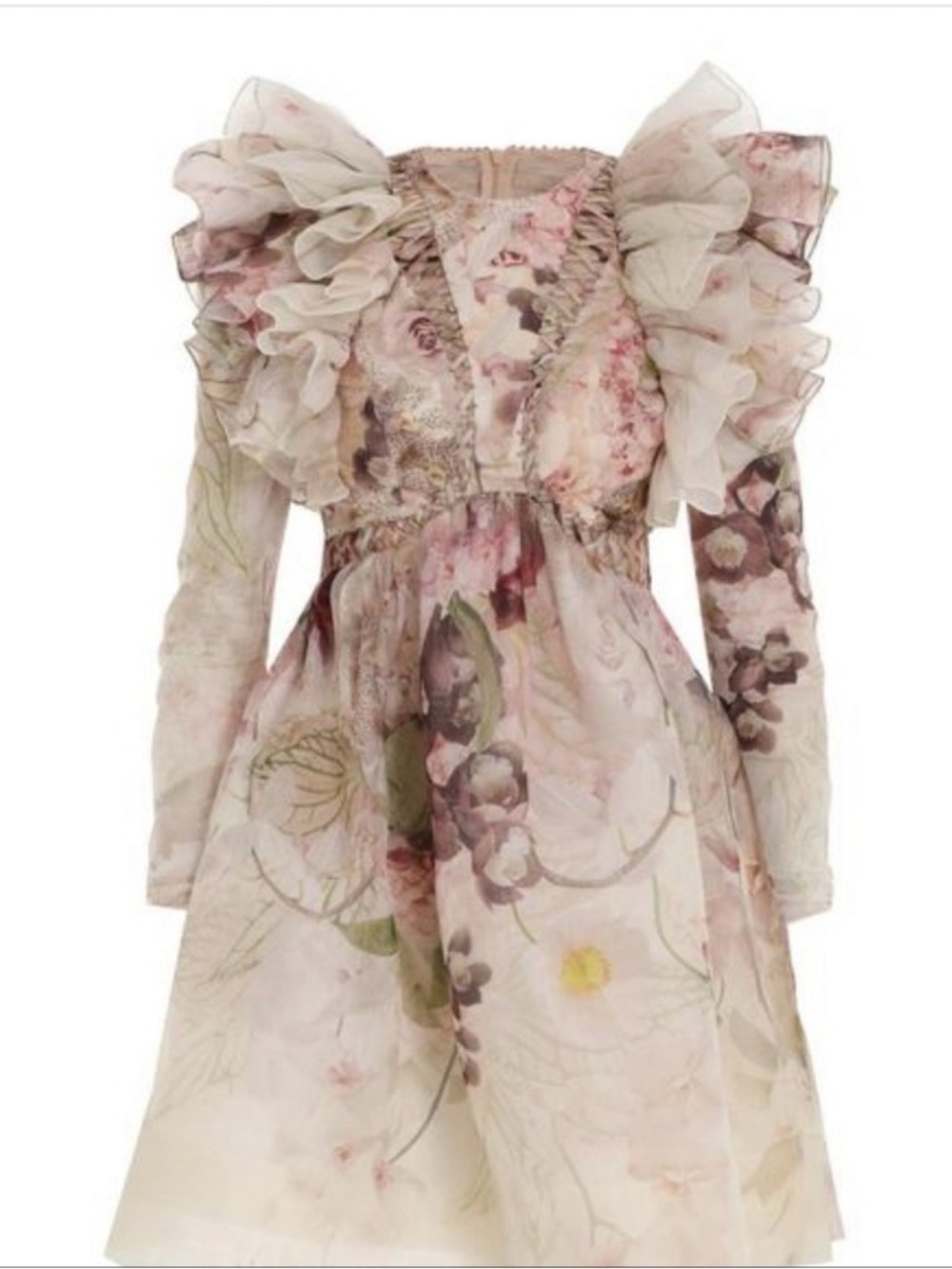 Zimmermann Floral Ruffled Long-Sleeve Mini Dress in Blush Pink